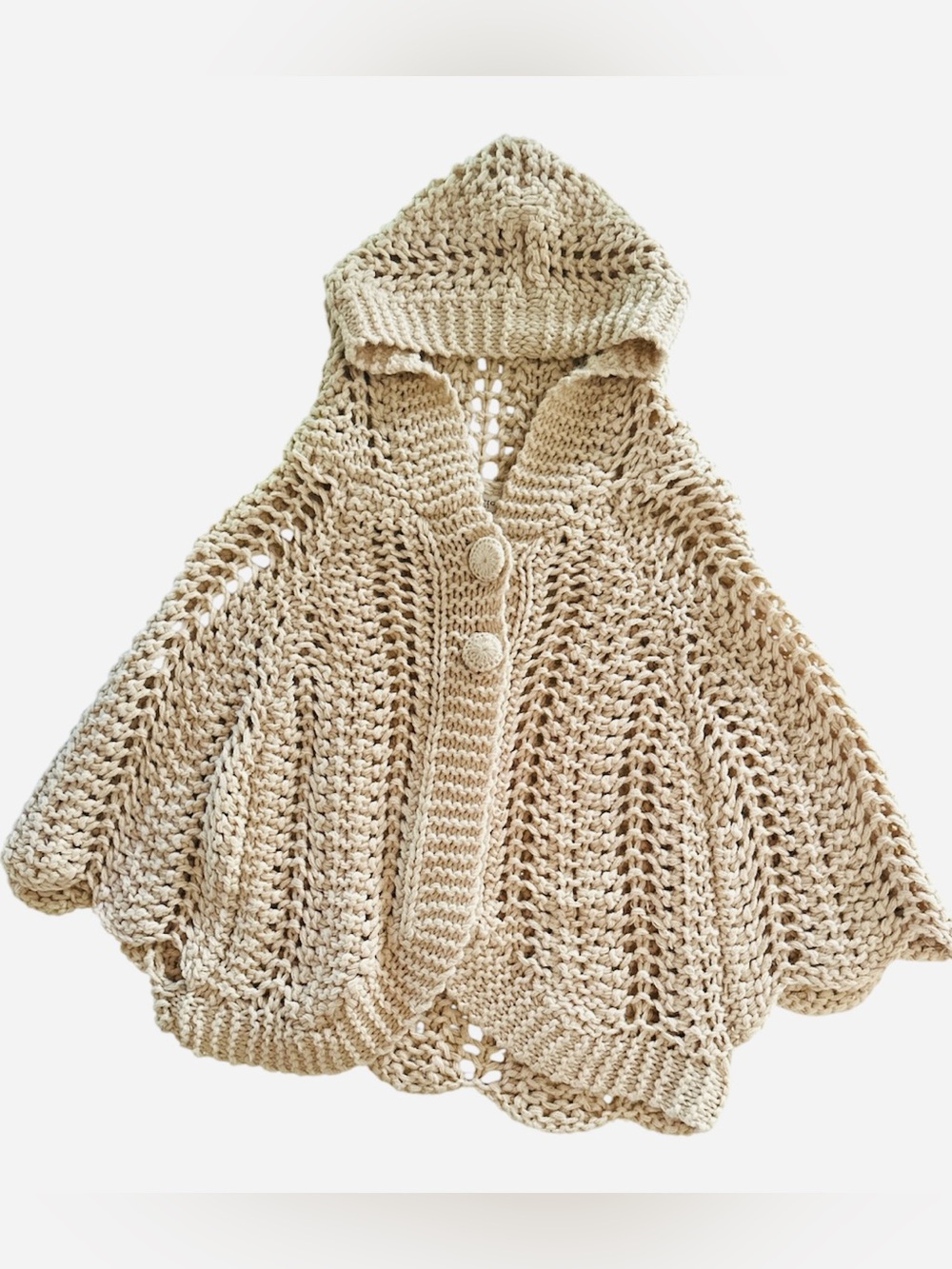 Vertigo Paris Oatmeal Open Knit Wool Blend Pancho Boho Cottagecore SM